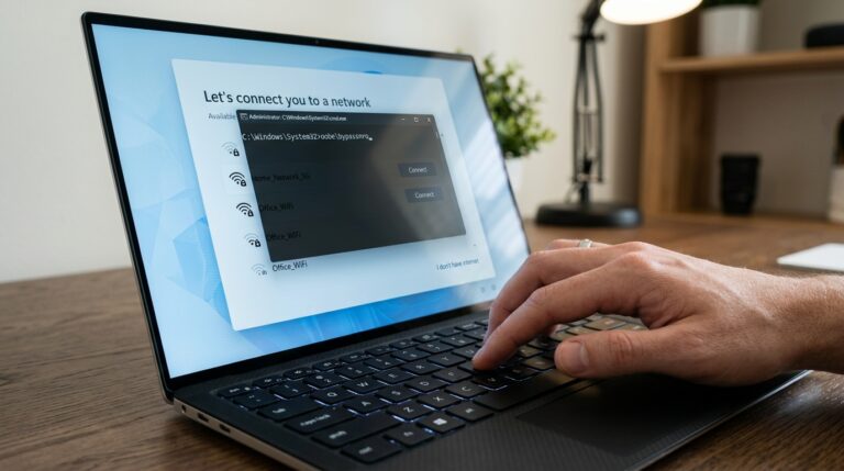 Steps to perform a Windows 11 install without internet using the OOBEBYPASSNRO command in Command Prompt during setup.
