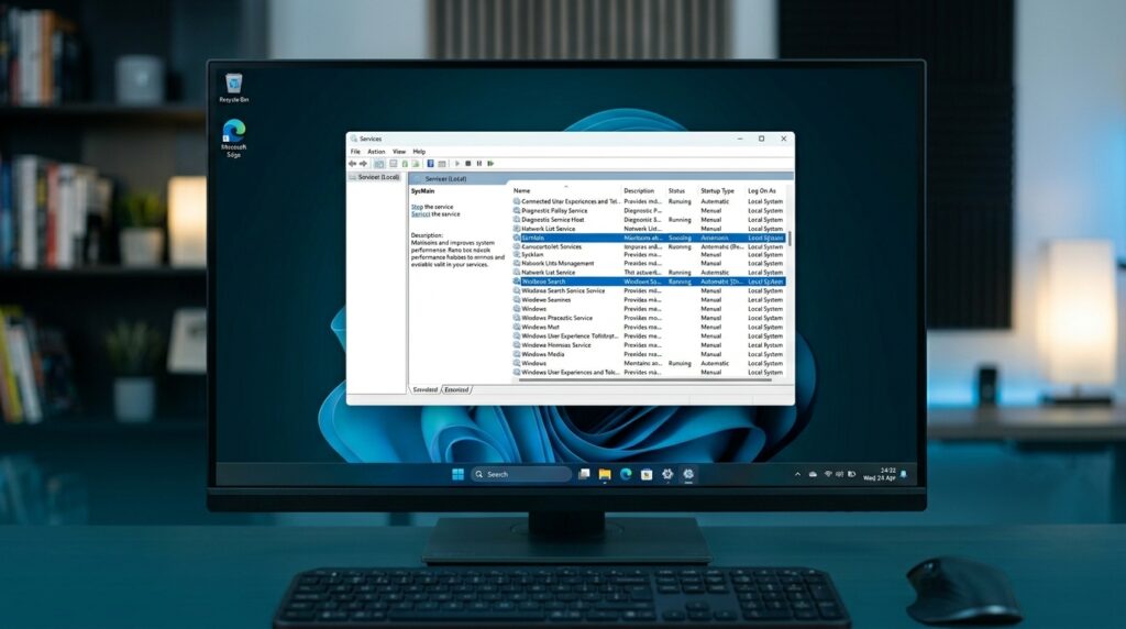 A Windows 11 Services window, showing how to disable Windows 11 services.