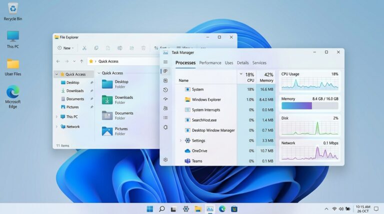 A clean Windows desktop with only native tools visible, emphasizing how to clean Windows without third-party software.
