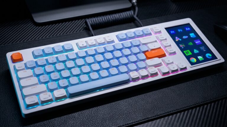 Close-up of the AJAZZ AKP815 mechanical keyboard showing its 75% layout and side touchscreen