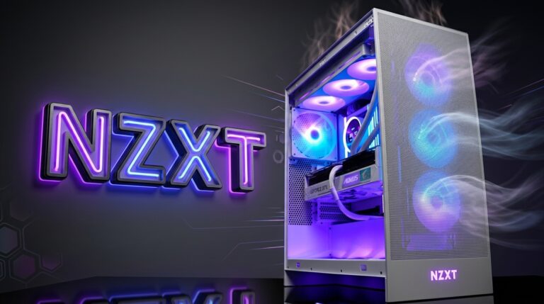 NZXT H7 Flow RGB case with fans glowing, showcasing its minimalist design.