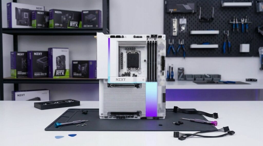 A detailed close-up of the NZXT N7 Z890 motherboard installed in a PC case, showcasing its full metal cover and integrated RGB lighting, central to our NZXT N7 Z890 motherboard review.