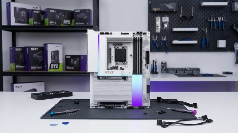 A detailed close-up of the NZXT N7 Z890 motherboard installed in a PC case, showcasing its full metal cover and integrated RGB lighting, central to our NZXT N7 Z890 motherboard review.