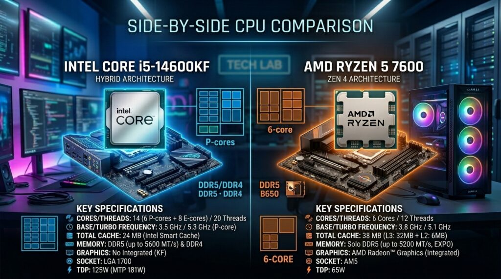 Comparison of 14600KF vs 7600 CPU specifications.