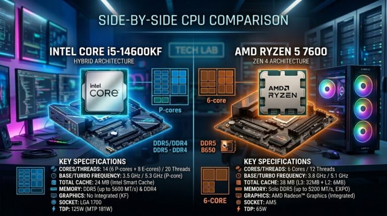 Comparison of 14600KF vs 7600 CPU specifications.