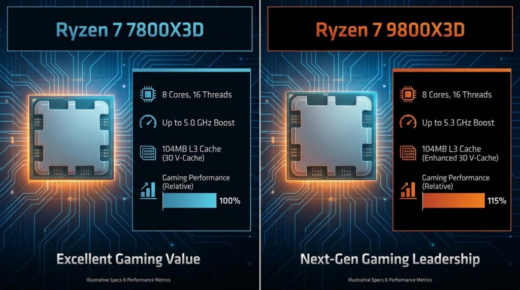 Comparison of 7800X3D vs 9800X3D CPUs.