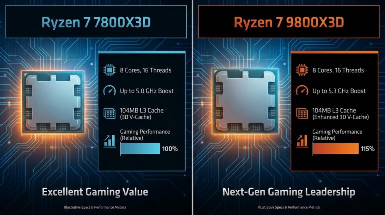 Comparison of 7800X3D vs 9800X3D CPUs.