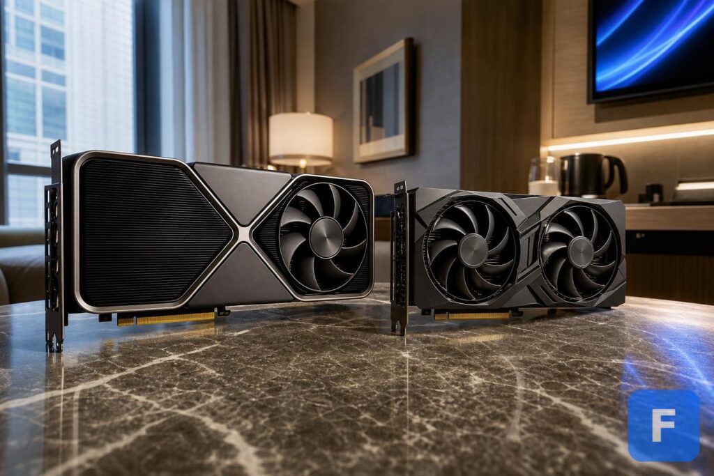 High-end RTX 5080 GPUs on a gaming table.