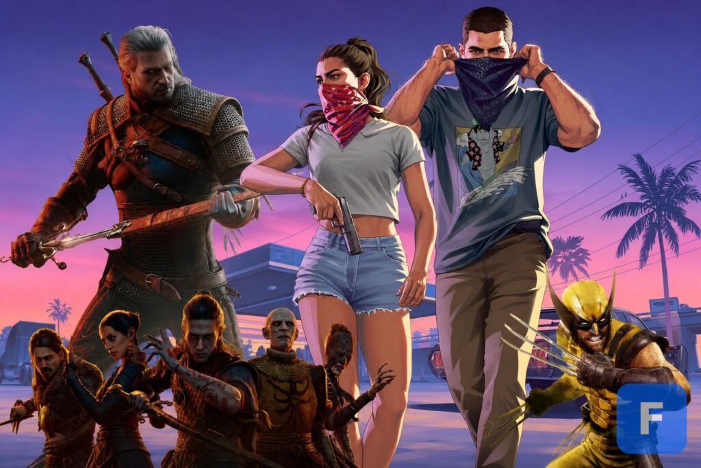 Illustration featuring gaming elements including GTA VI, EA logo, Elden Ring.