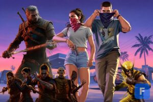 Illustration featuring gaming elements including GTA VI, EA logo, Elden Ring.